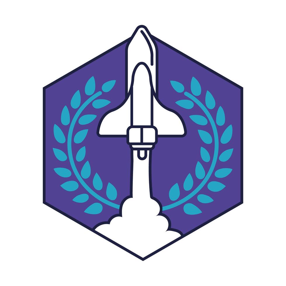 space hexagon badge with spaceship flying line and fill style vector