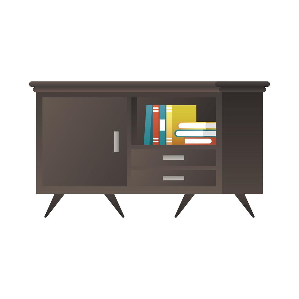 Cómoda de madera negra con libros. vector