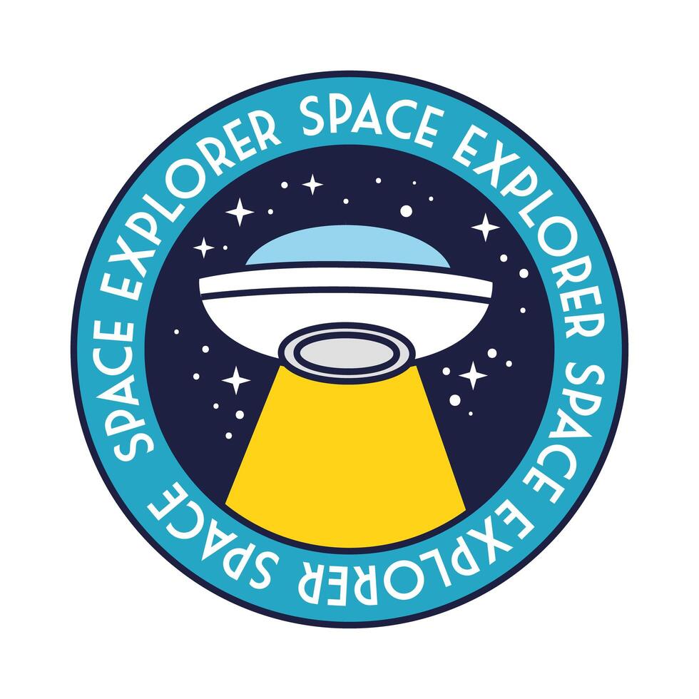 space badge with ufo flying and space explorer lettering line and fill style vector