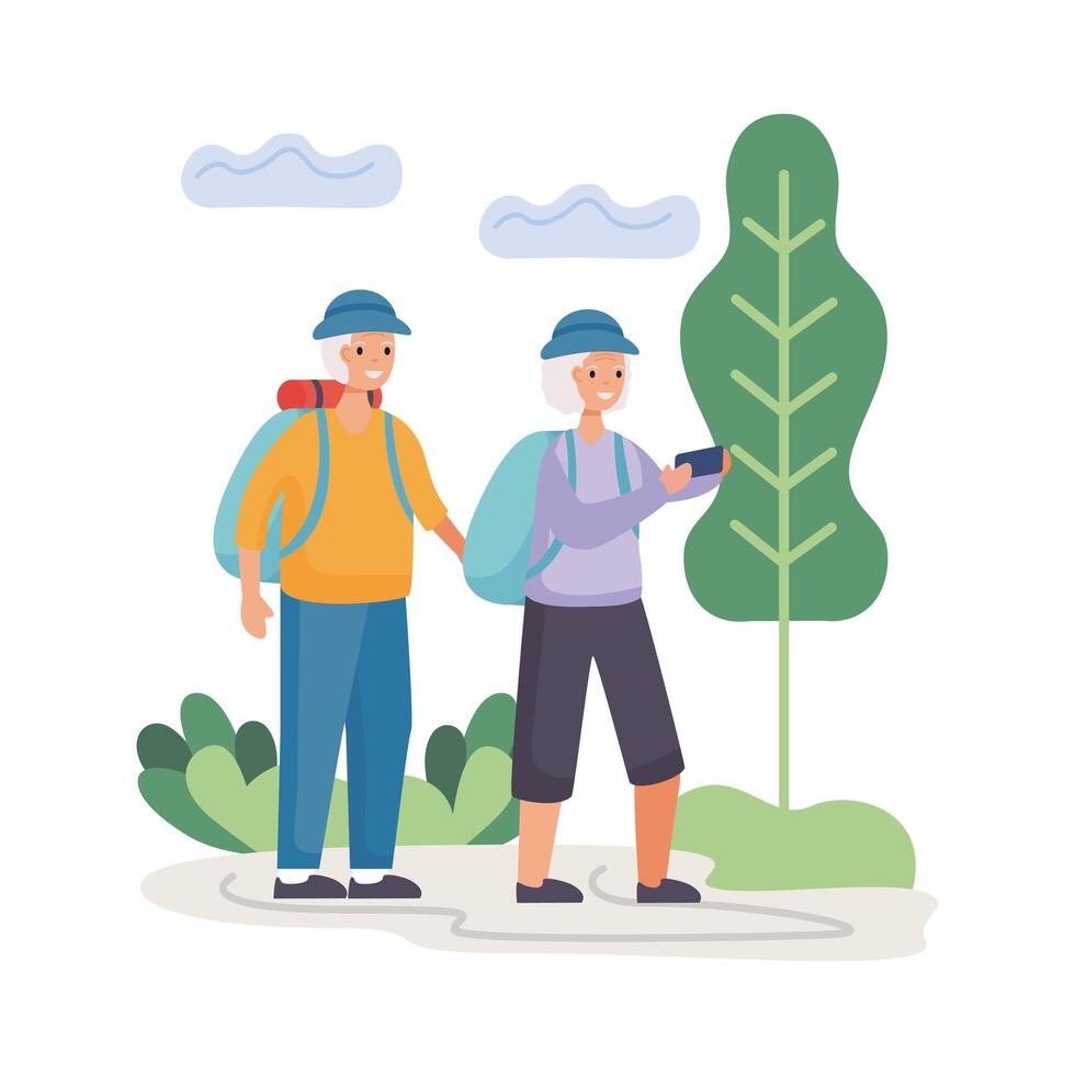 active senior couple walking in the camp vector illustration design