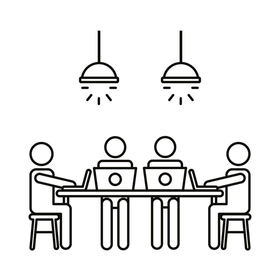 four workers at table with laptops line style icon vector