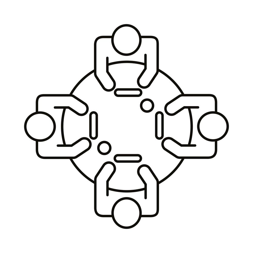 four workers at round table line style icon vector