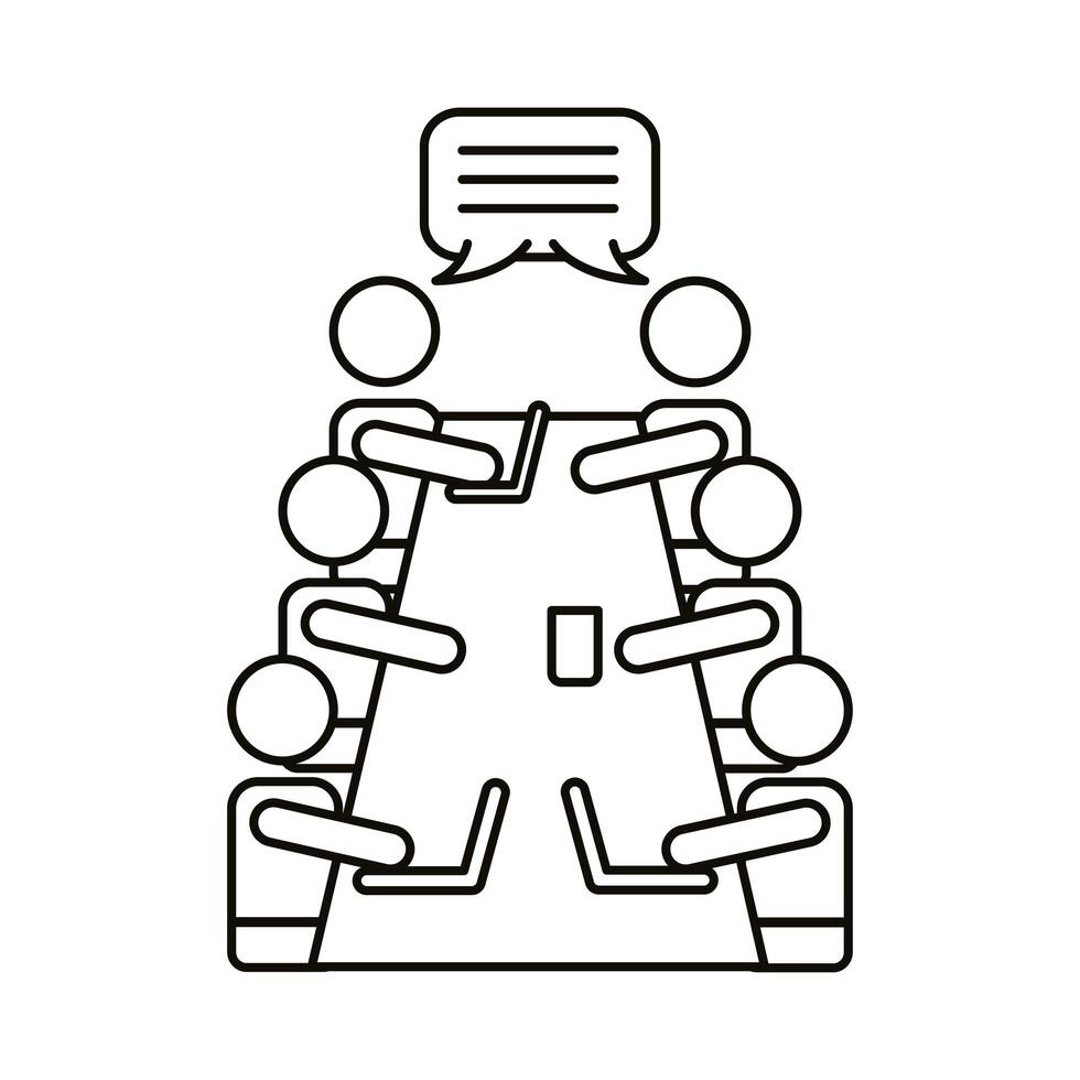 group of workers speaking at table line style icon vector