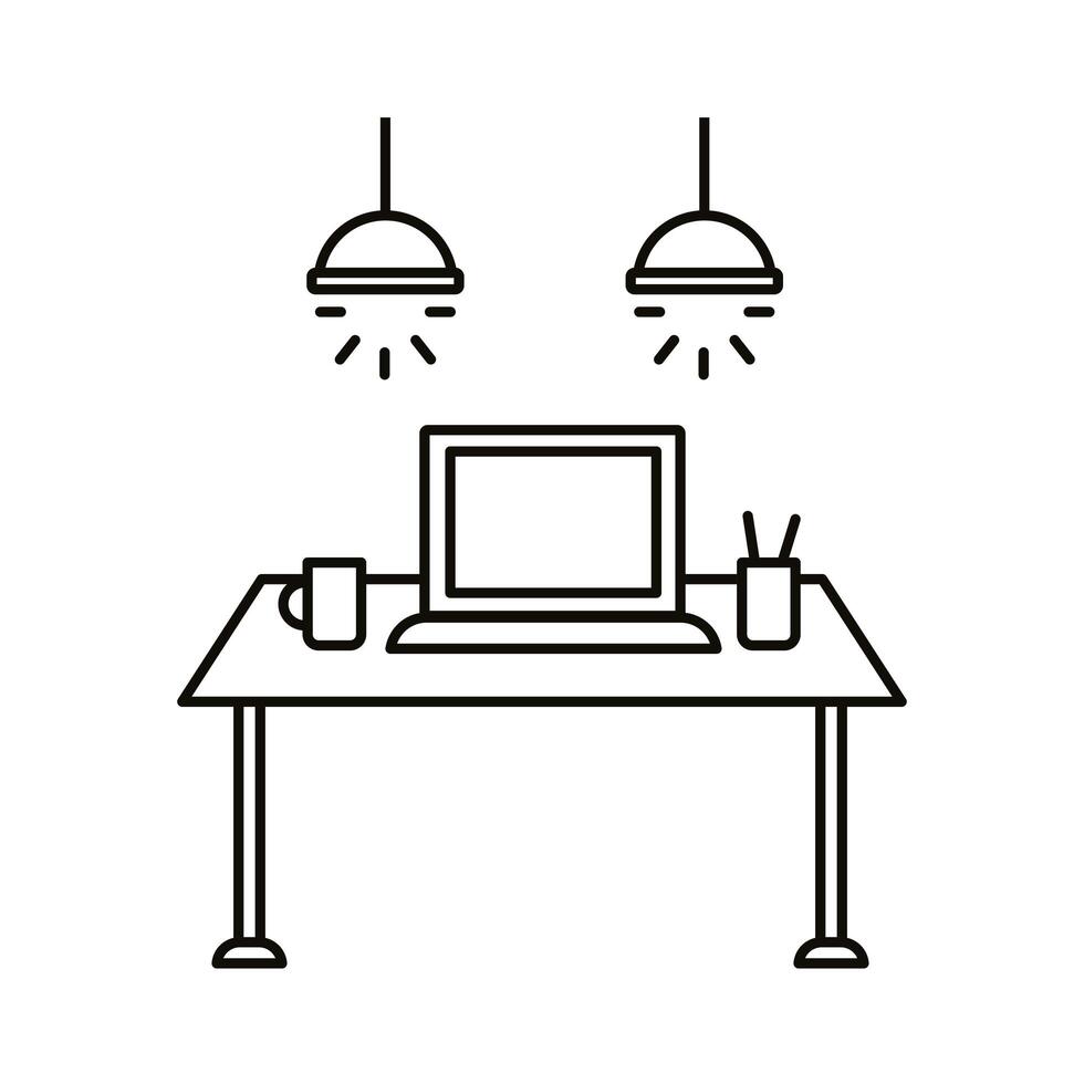 workplace with laptop on table line style icon vector