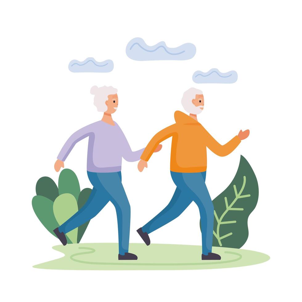 active senior couple running in the field characters vector