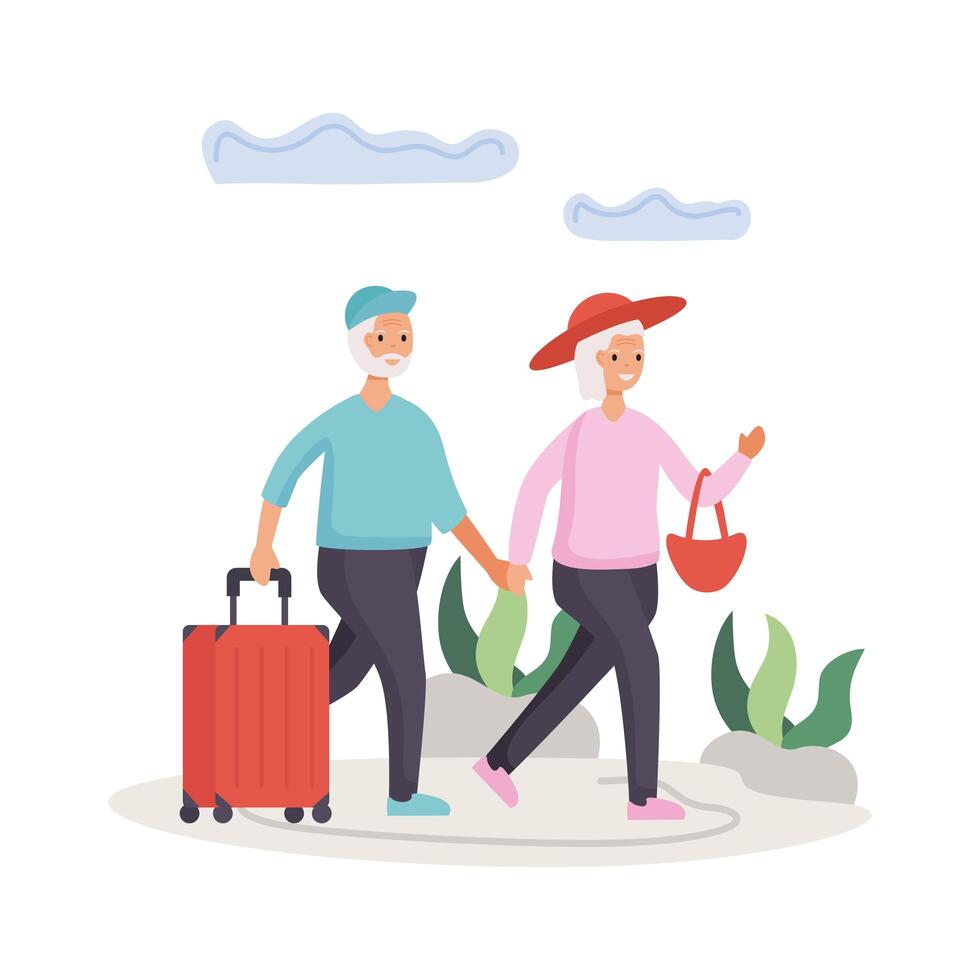 active senior couple traveling with suitcases vector