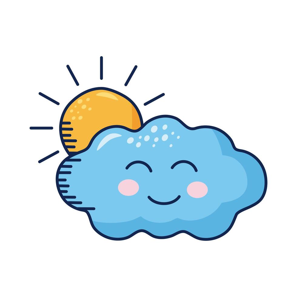 kawaii cloud with sun comic character vector