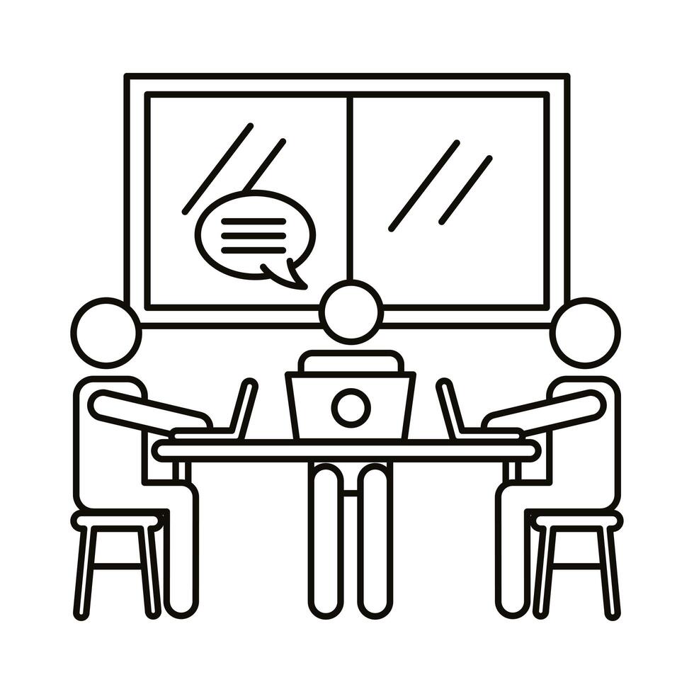 three workers with laptops and speech bubble line style icon vector