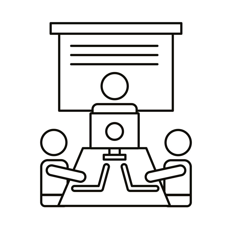 three workers with laptops and desktop line style icon vector