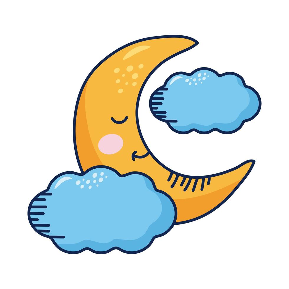 Kawaii luna creciente y nubes personaje cómico vector