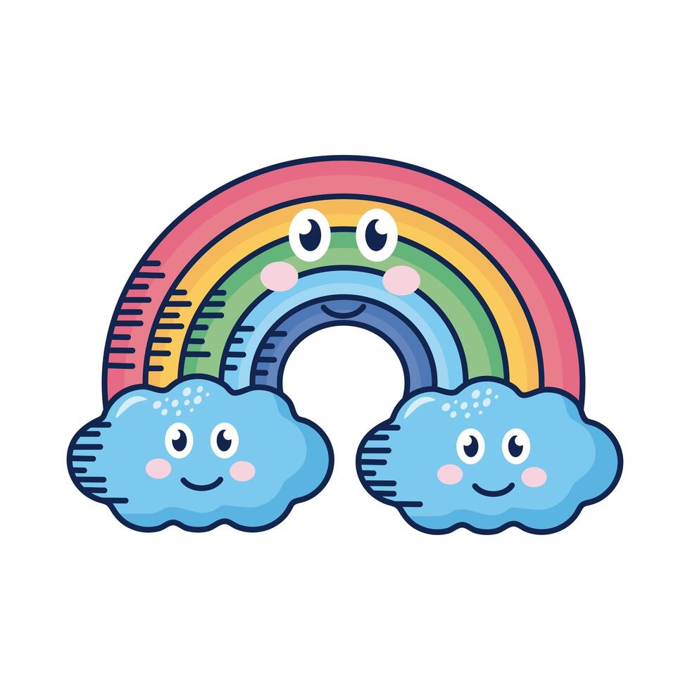 kawaii clouds and rainbow comic character vector