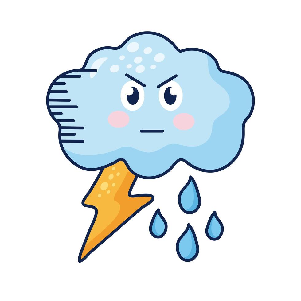 kawaii cloud with bolts and rain comic character vector