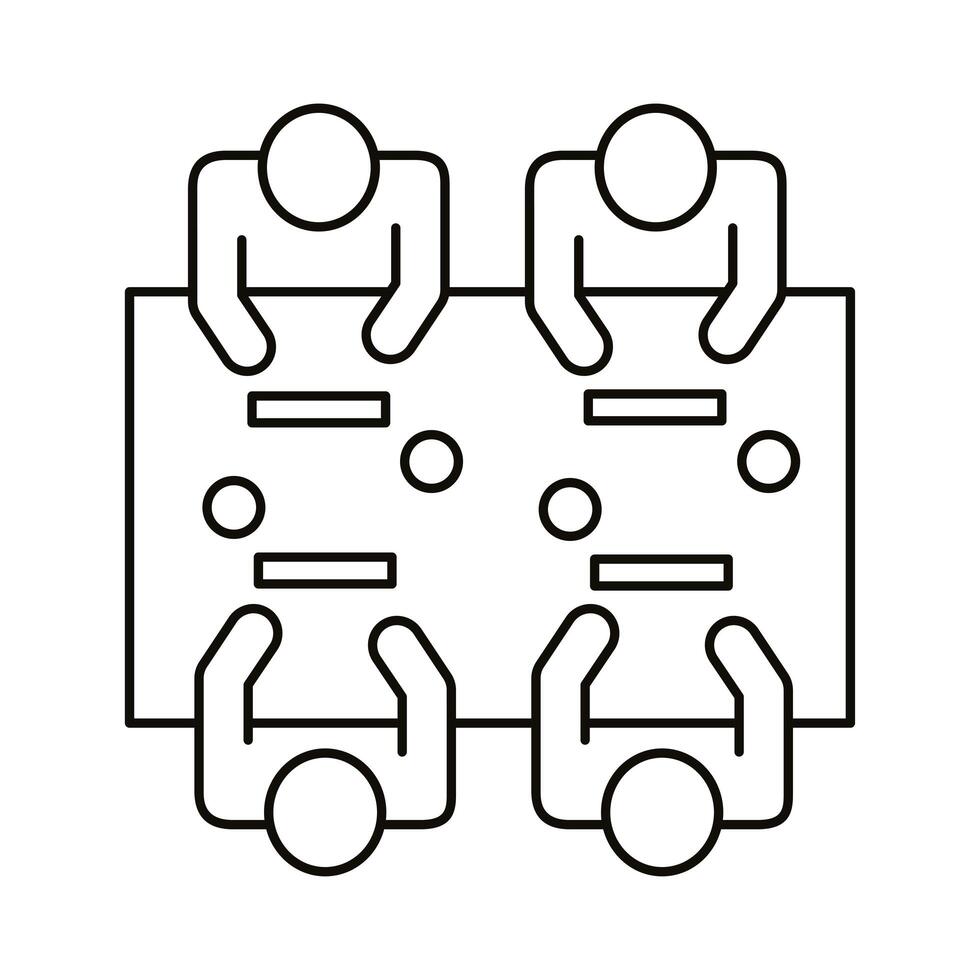 four workers seated at coworking table line style icon vector