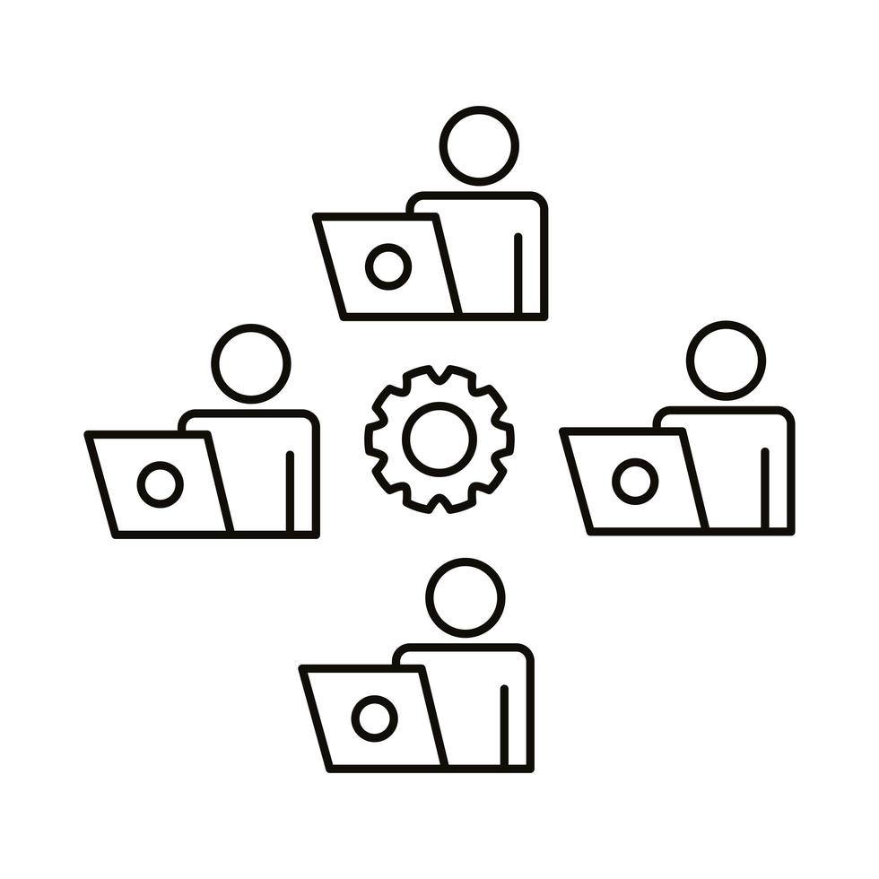 four workers with laptops and gear line style icon vector