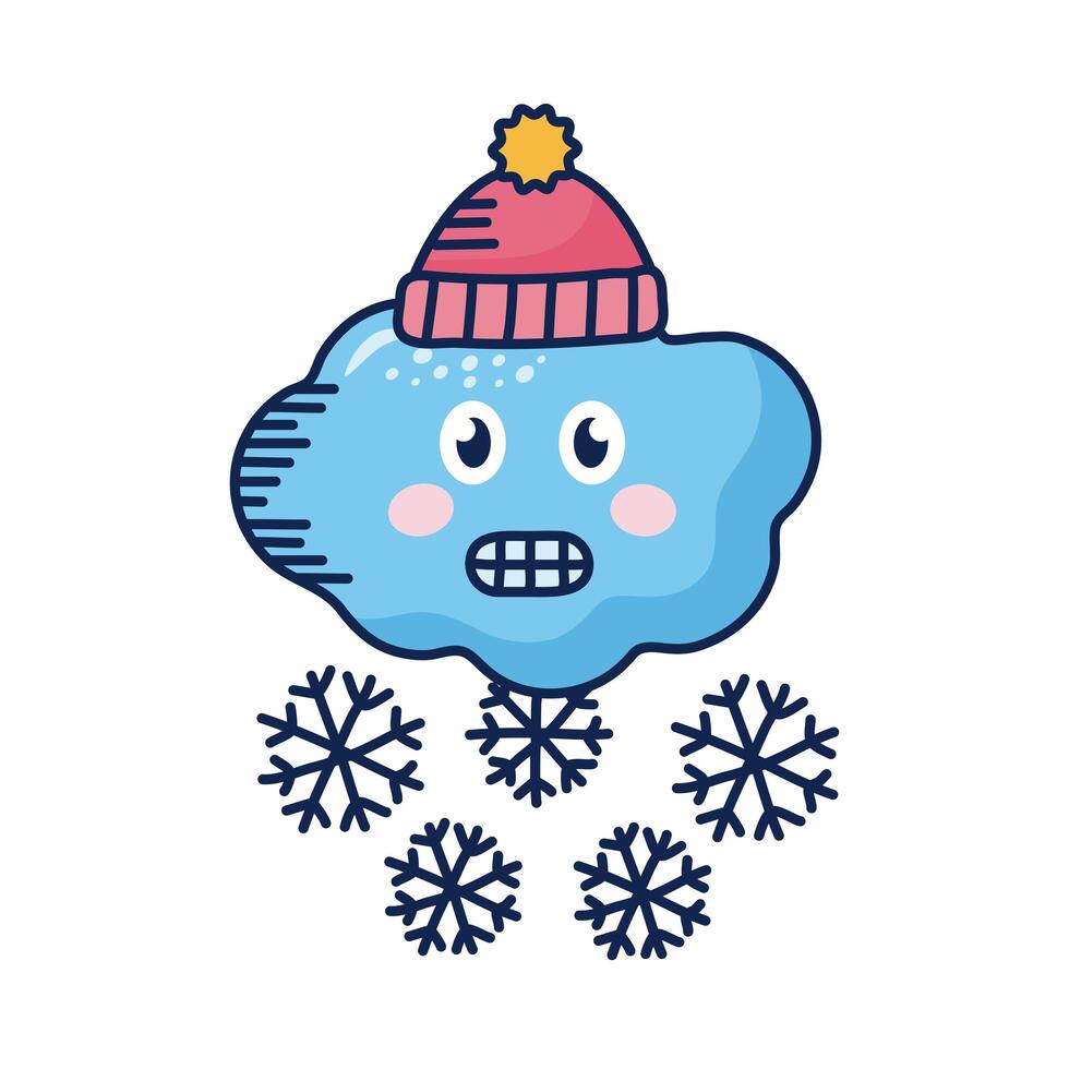 nube kawaii con copos de nieve y gorro de invierno vector