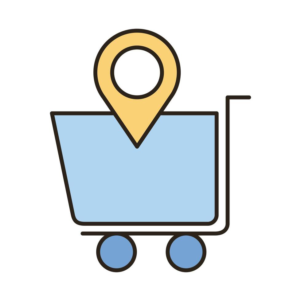 carrito de compras con línea de ubicación de pin e ícono de estilo de relleno vector