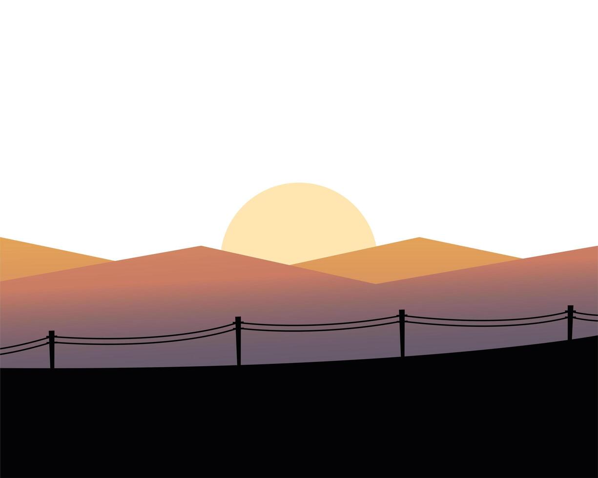 sun over mountains with fence landscape design vector