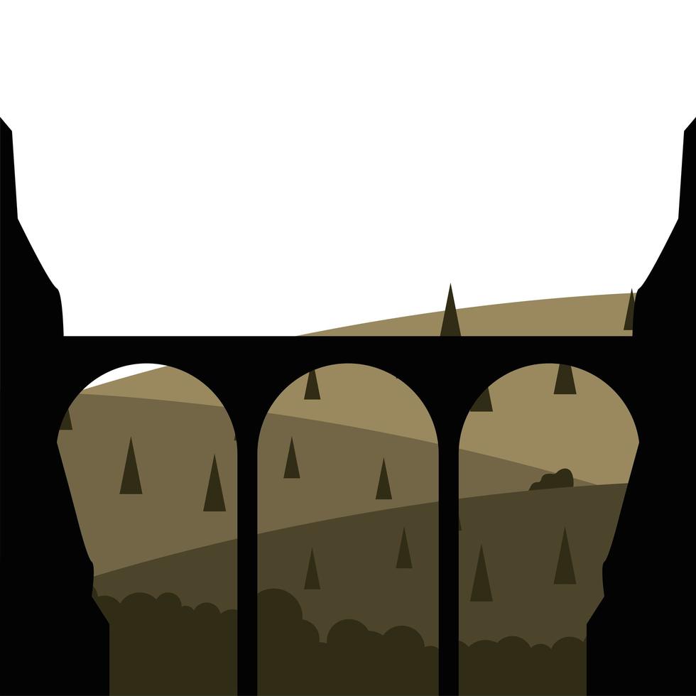 bridge silhouette in front of pine trees landscape vector design