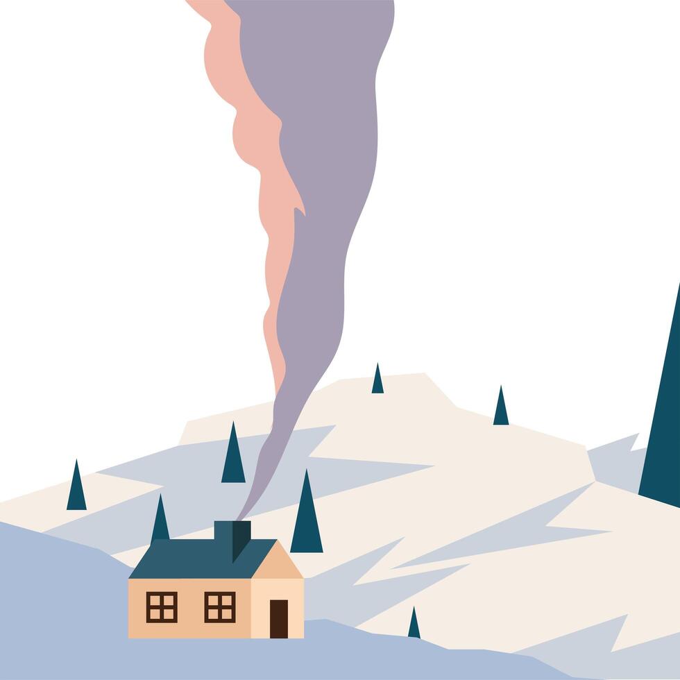 Casa en la montaña nevada con diseño de vector de paisaje de pinos