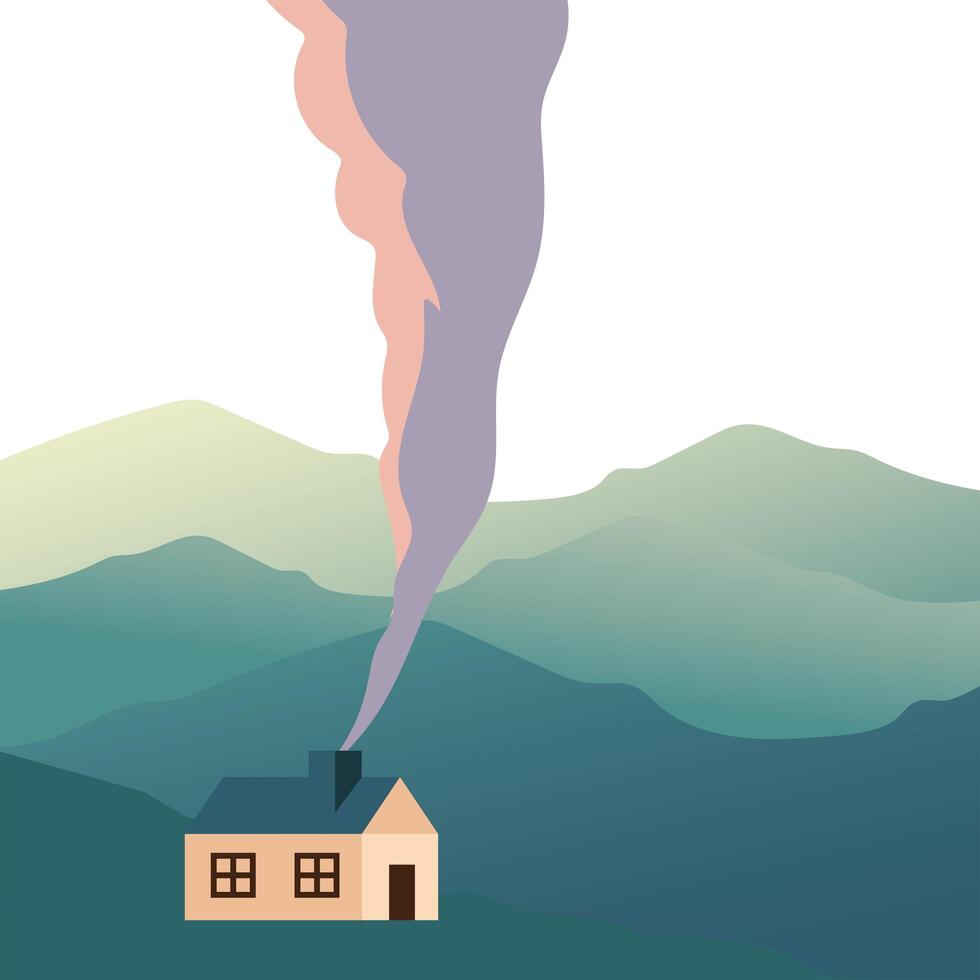 Isolated house with smoke in front of mountains vector design