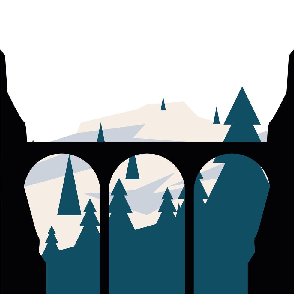 bridge silhouette in front of pine trees landscape design vector