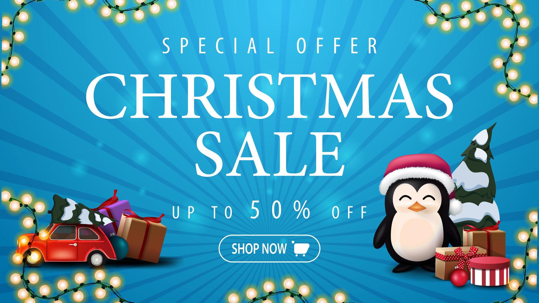 Special offer, Christmas sale, up to 50 off, blue discount banner with garland, red vintage car carrying Christmas tree and penguin in Santa Claus hat with presents vector