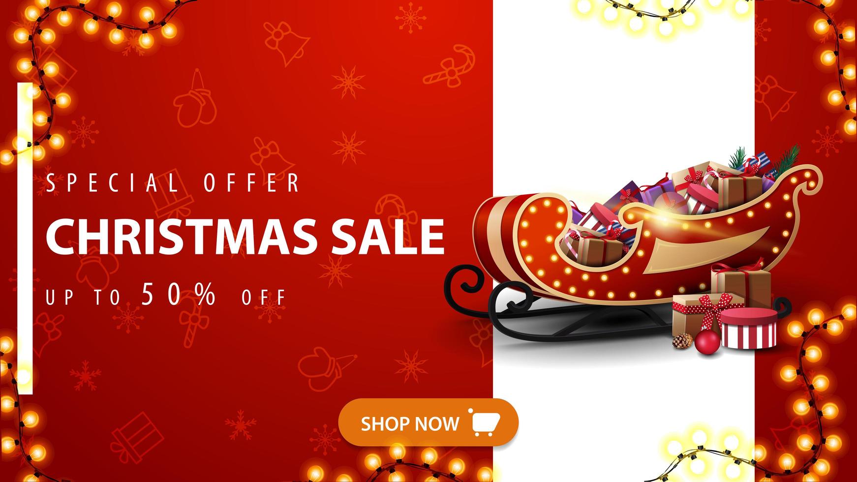 Special offer, Christmas sale, up to 50 off, red discount banner with vertical white line, orange button, Christmas pattern and Santa Sleigh with presents vector