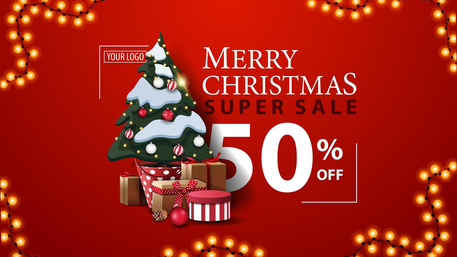 Christmas super sale, up to 50 off, red modern discount banner with beautiful typography, garland and Christmas tree in a pot with gifts vector