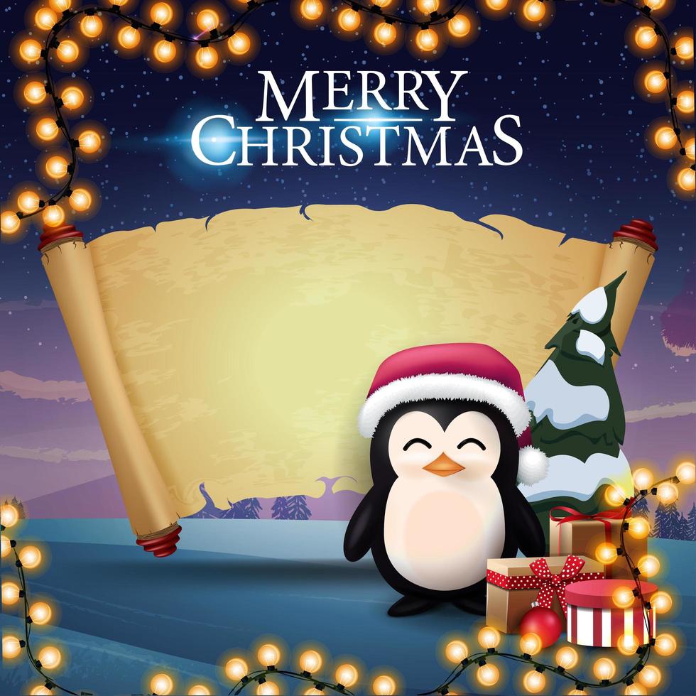 Feliz Navidad, postal de felicitación con pingüino en sombrero de santa claus con regalos, pergamino antiguo para su texto y hermoso paisaje invernal en el fondo vector