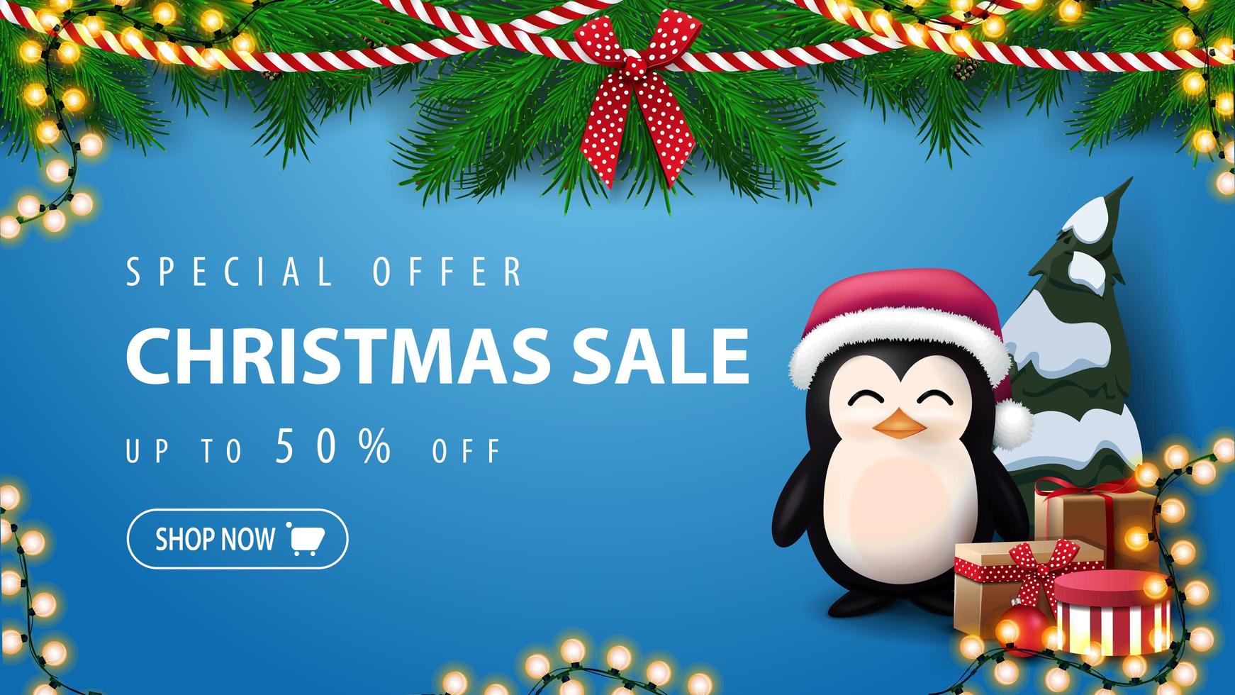 oferta especial, venta de navidad, hasta 50 de descuento, banner de descuento azul con corona de ramas de árbol de navidad y pingüino con sombrero de santa claus con regalos cerca de la pared vector