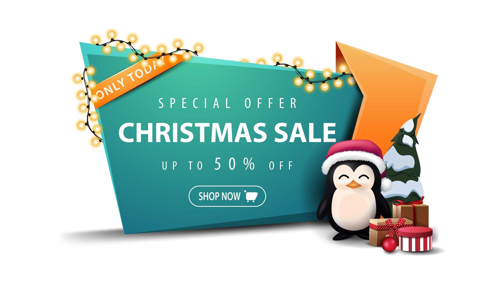 Special offer, Christmas sale, up to 50 off, green discount banner in cartoon style wound garland with penguin in Santa Claus hat with presents vector