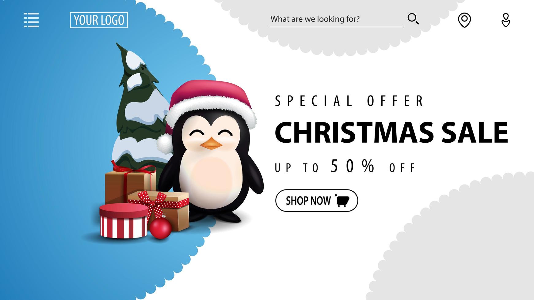 oferta especial, venta de navidad, hasta 50 de descuento, banner de descuento azul y blanco para sitio web con pingüino con sombrero de santa claus con regalos vector