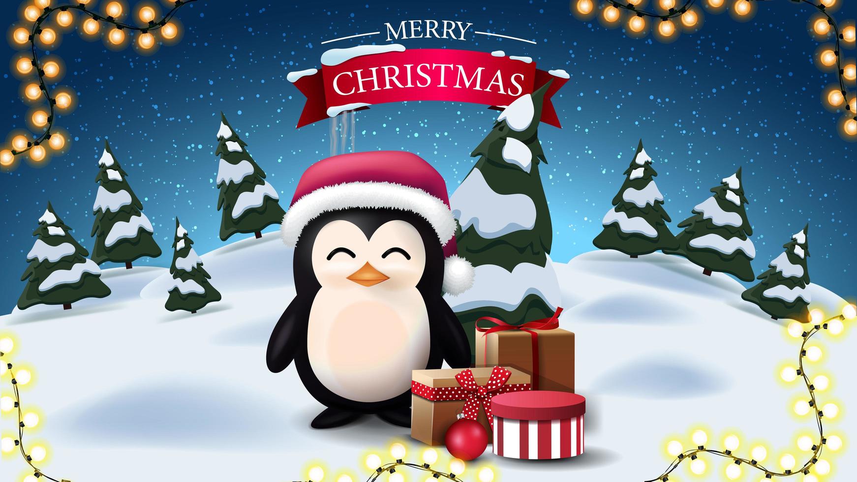 Feliz Navidad, postal con paisaje de invierno nocturno de dibujos animados y pingüino con sombrero de santa claus con regalos vector