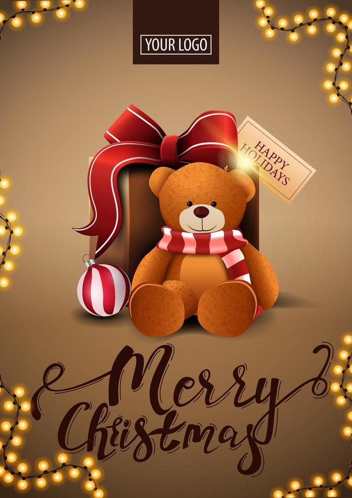 Merry Christmas, brown vertical postcard in minimalistic style with frame of garland and present with Teddy bear vector