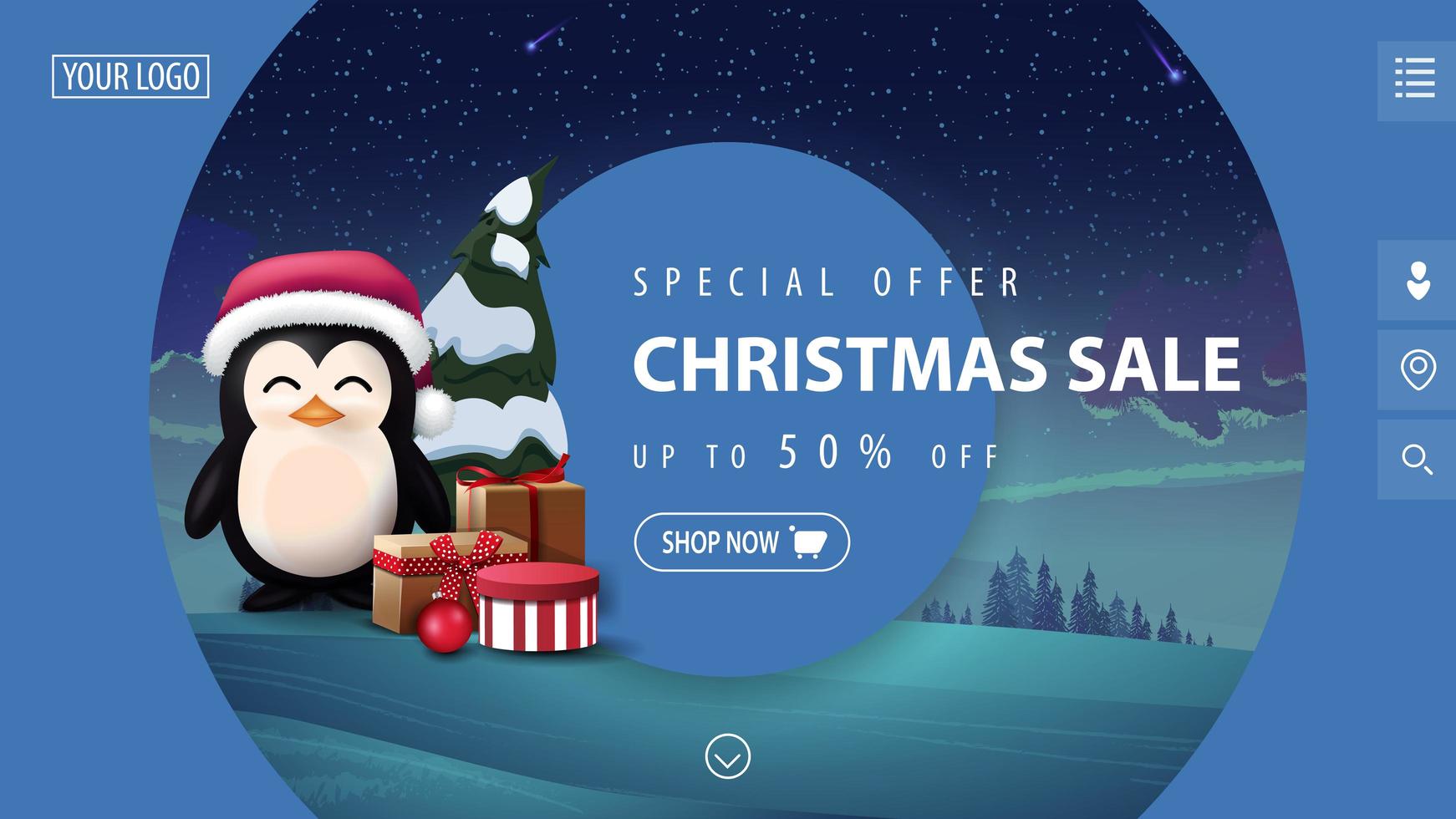 oferta especial, venta de navidad, hasta 50 de descuento, hermoso banner de descuento moderno azul con grandes círculos decorativos, paisaje invernal en el fondo y pingüino con sombrero de santa claus con regalos vector