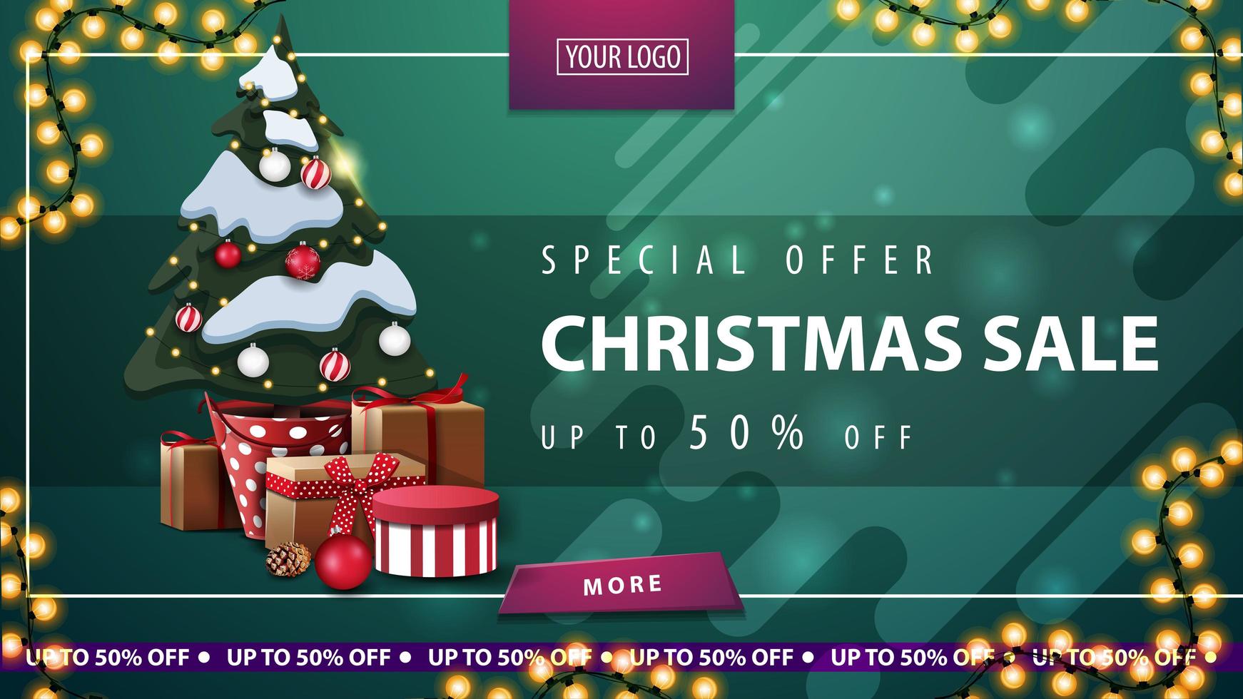 Special offer, Christmas sale, up to 50 off, green horizontal discount banner with button, frame garland and Christmas tree in a pot with gifts vector