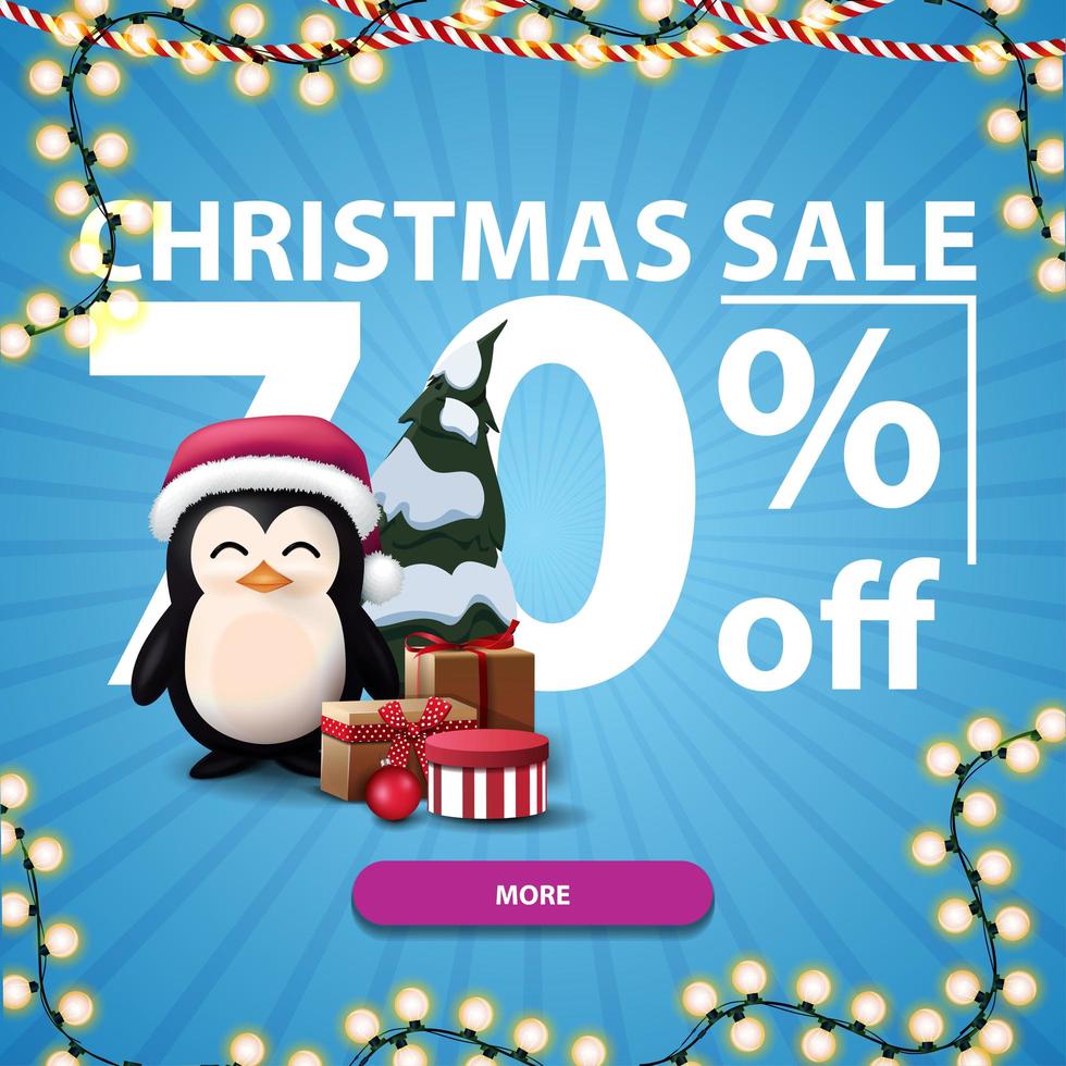 Christmas sale, up to 70 off, blue discount banner with Large numbers, button, garland and penguin in Santa Claus hat with presents vector