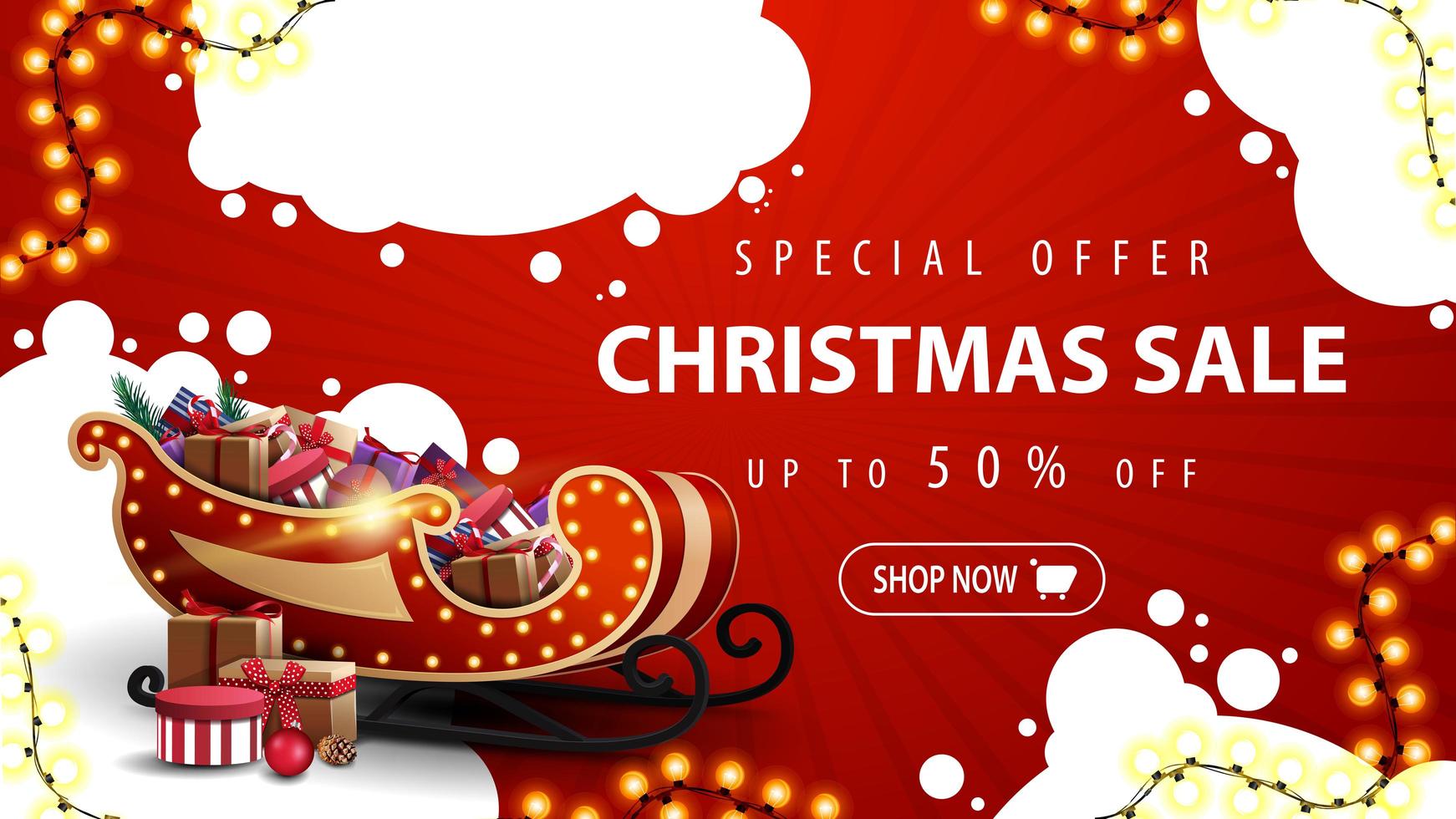 Special offer, Christmas sale, up to 50 off, red discount banner with white abstract clouds, garland, button and Santa Sleigh with presents vector