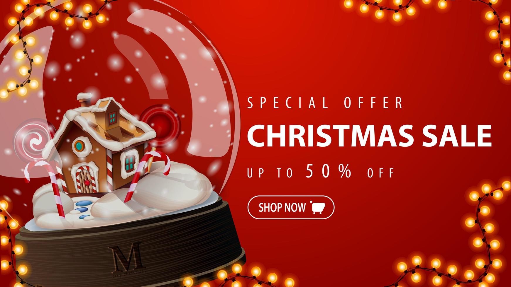 Special offer, Christmas sale, up to 50 off, red discount banner with large snow globe with Christmas gingerbread house inside vector
