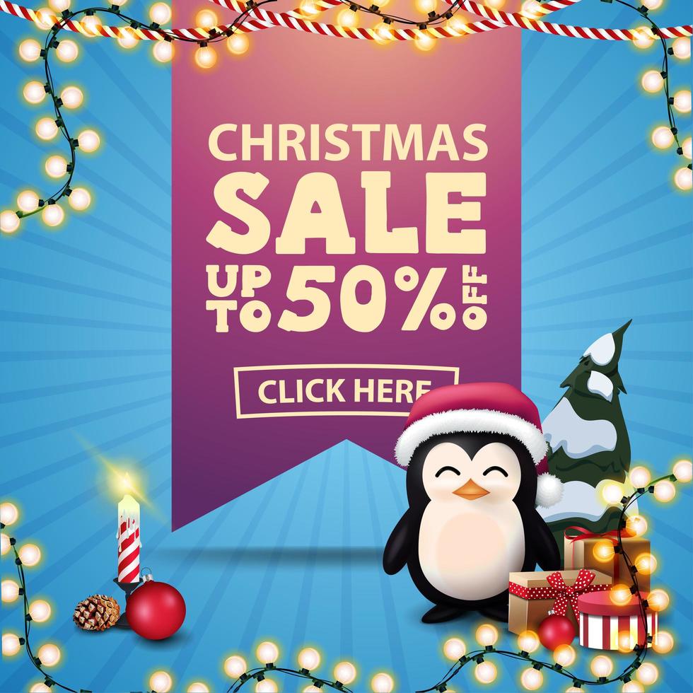 Venta de Navidad, hasta 50 de descuento, banner cuadrado azul de descuento con gran cinta rosa con oferta, guirnaldas, vela y pingüino con gorro de santa claus con regalos vector