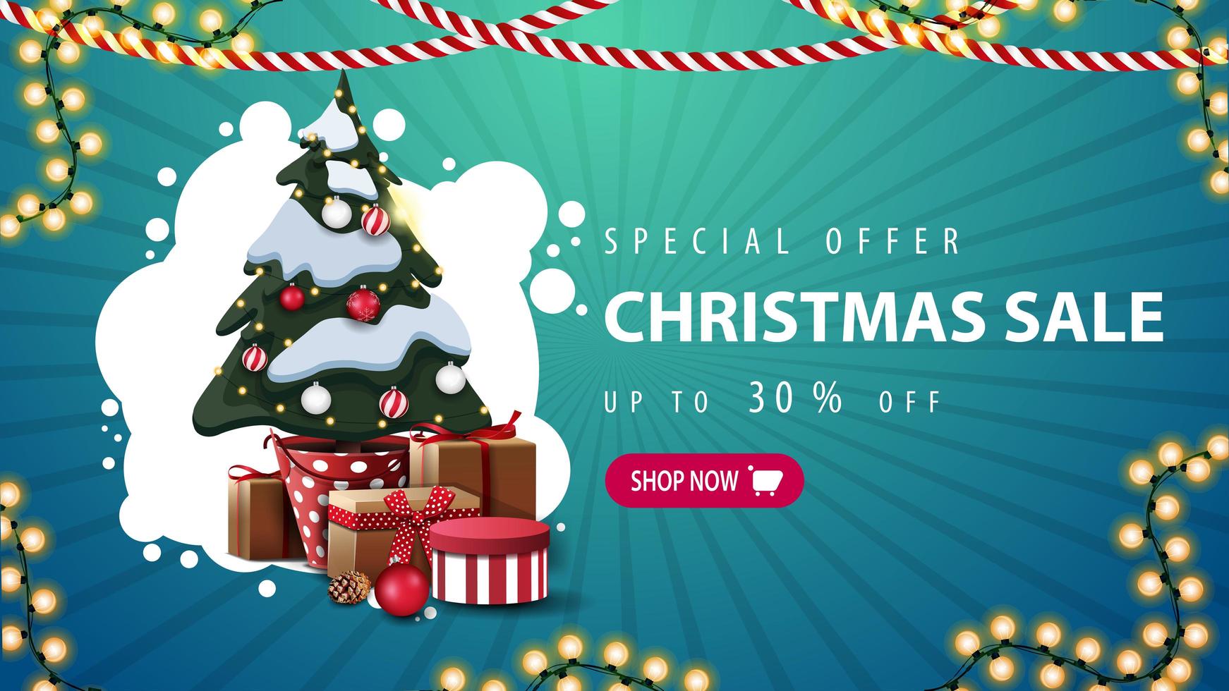 Special offer, Christmas sale, up to 30 off, blue discount banner with white abstract cloud, garlands, button and Christmas tree in a pot with gifts vector