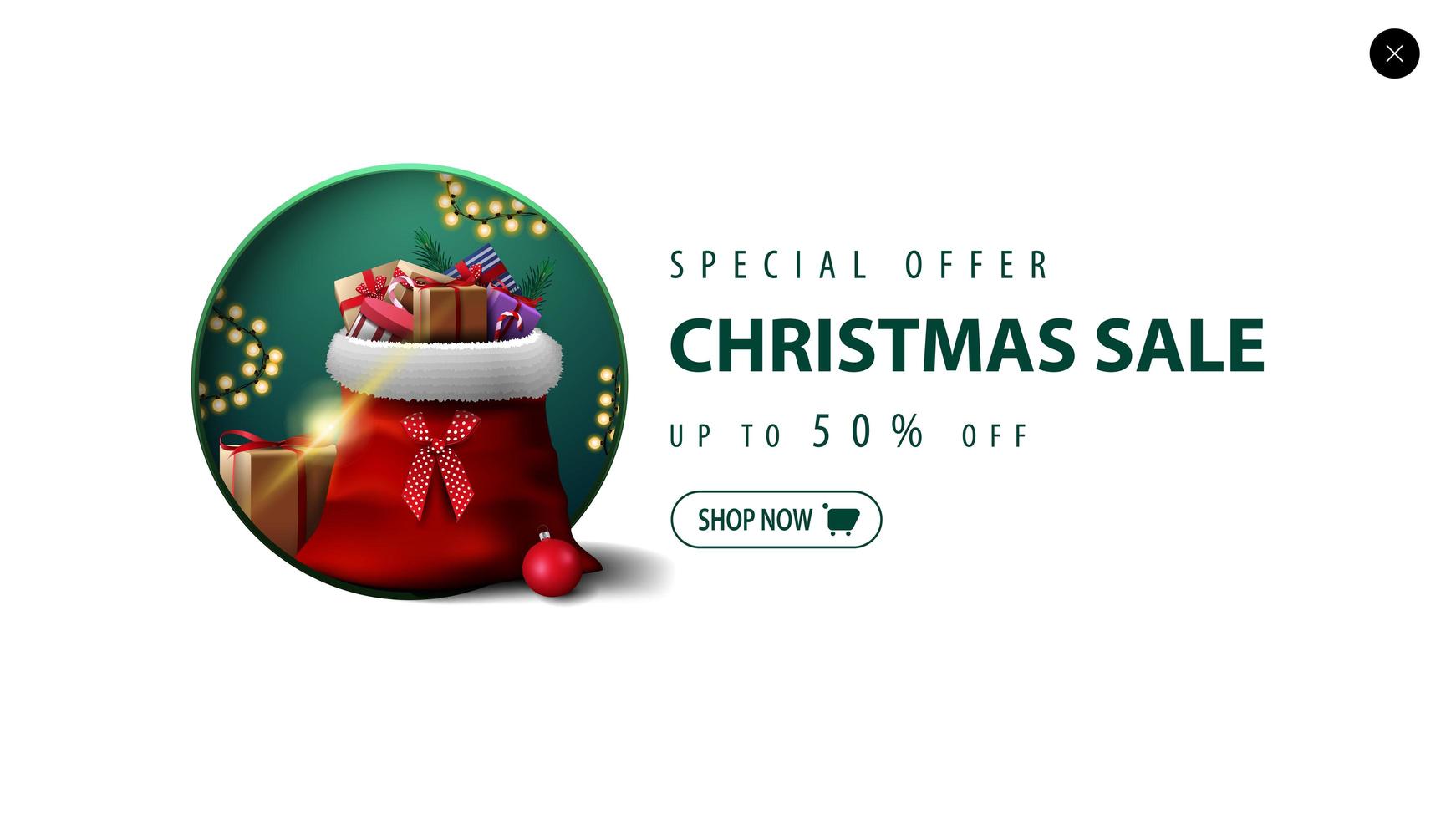 oferta especial, venta de navidad, hasta 50 de descuento, banner de descuento blanco para sitio web en estilo minimalista con bolsa de santa claus con regalos vector