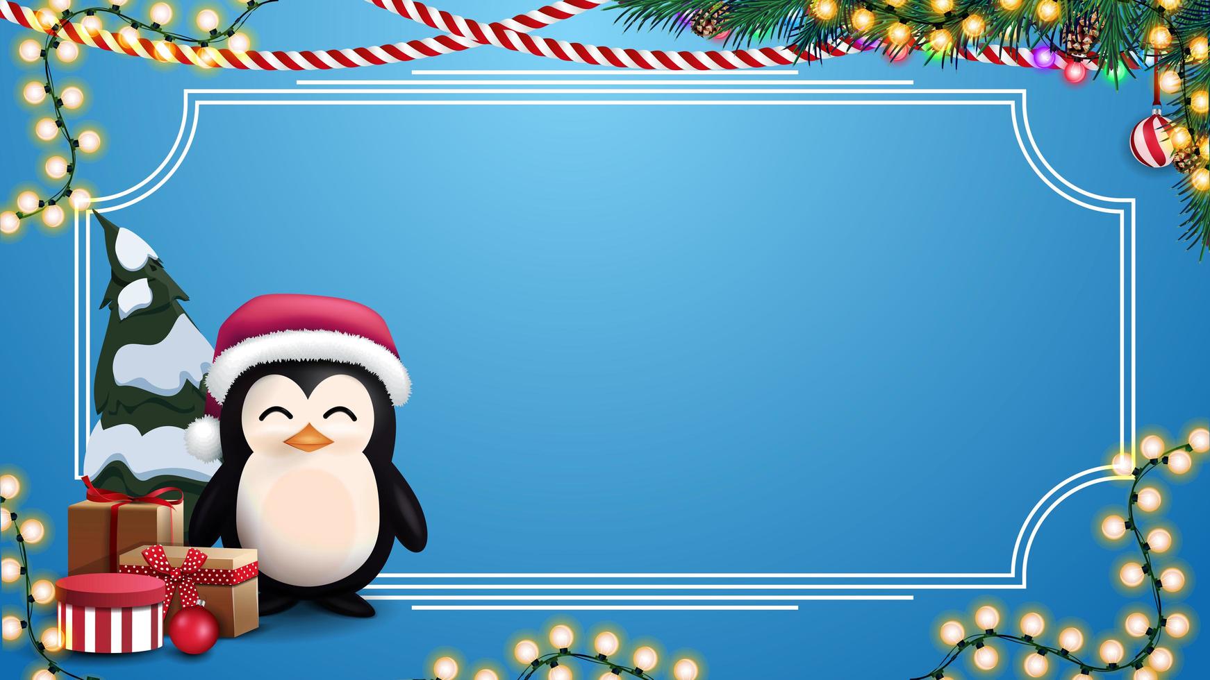 Plantilla en blanco de Navidad azul para tus artes con lugar para texto, guirnaldas, marco y pingüino en sombrero de santa claus con regalos vector