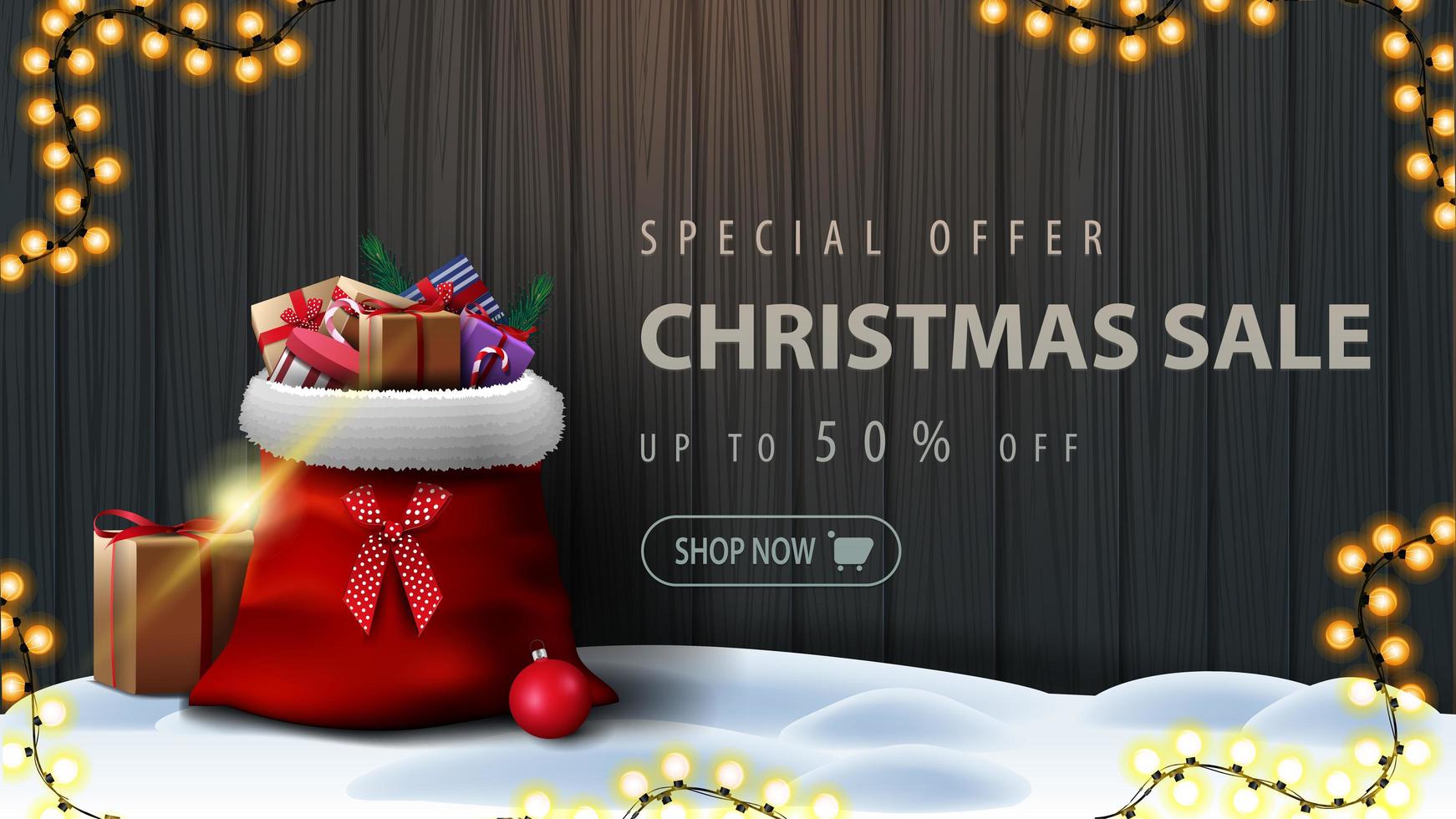 Special offer, Christmas sale, up to 50 off, discount banner with wooden fence of boards with frame of Christmas tree branches, garland of yellow bulb lights and Santa Claus bag with presents vector