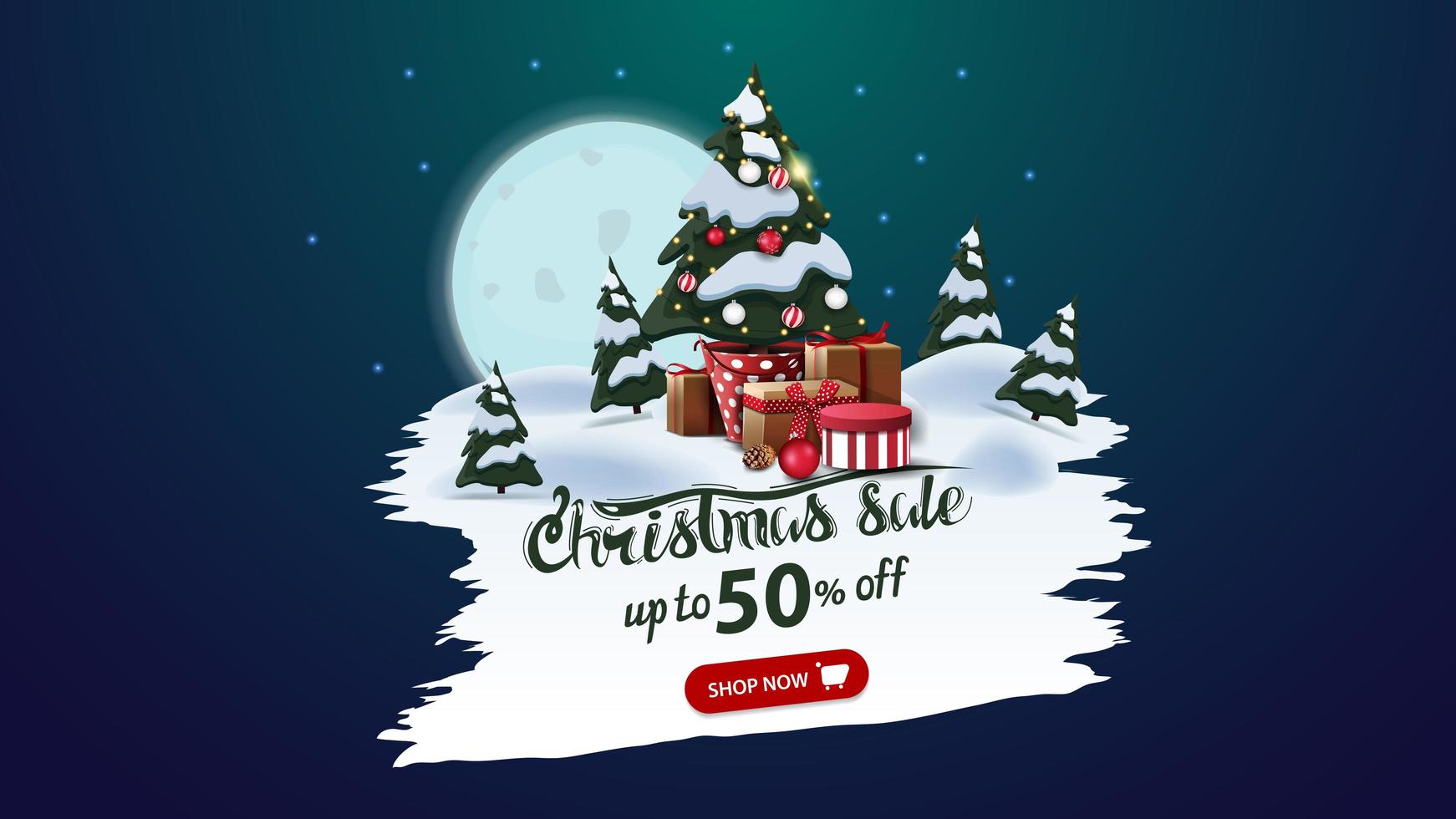 Christmas sale, up to 50 off, discount banner with big full moon, pines forest and Christmas tree in a pot with gifts vector