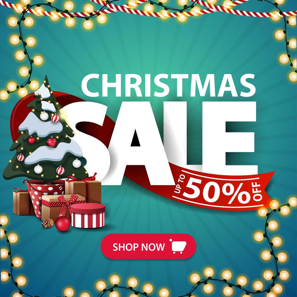 Christmas sale, up to 50 off, square blue discount banner with garlands, large letters, red ribbon, button and Christmas tree in a pot with gifts vector