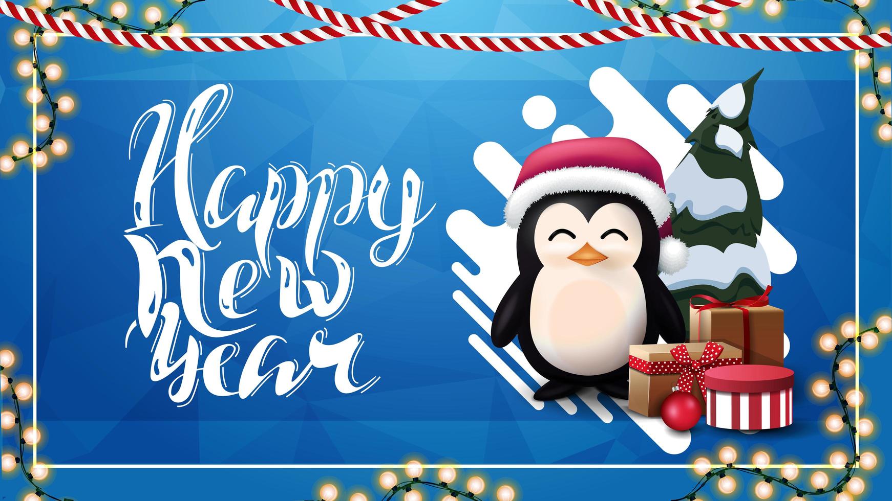 Feliz año nuevo, tarjeta de felicitación azul con forma líquida abstracta, guirnalda y pingüino con sombrero de santa claus con regalos vector