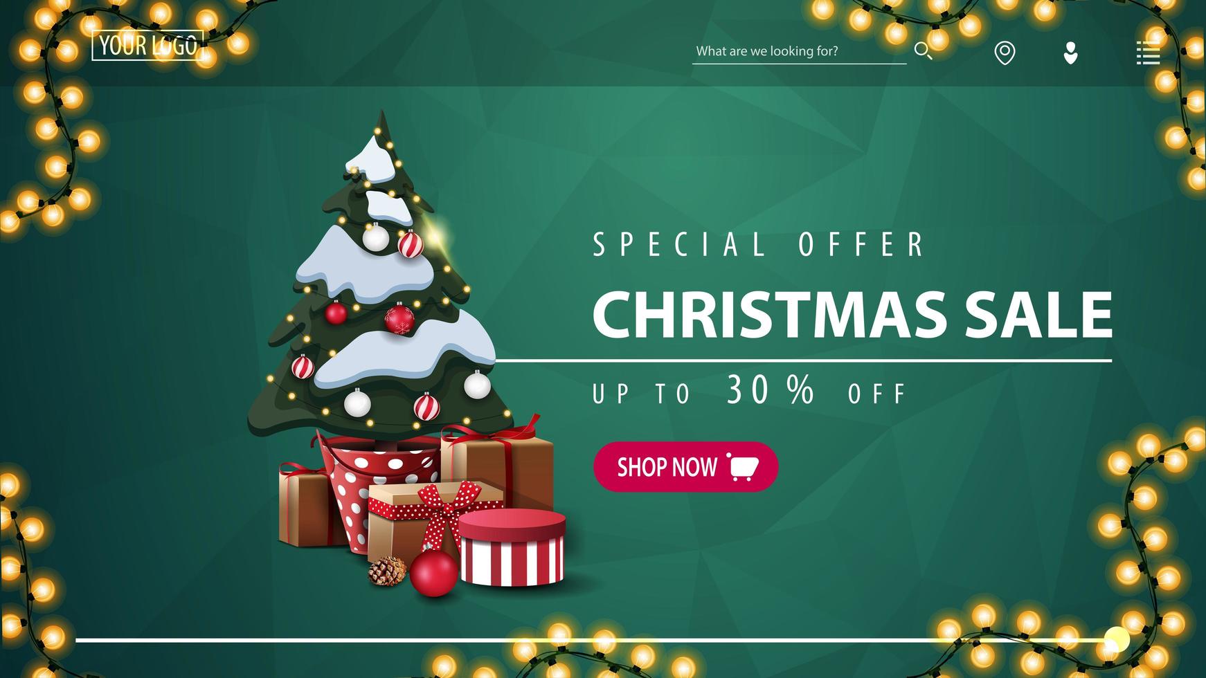 oferta especial, rebajas de navidad, hasta 30 de descuento, banner de descuento verde para sitio web con textura poligonal, guirnalda, botón rosa y árbol de navidad en una maceta con regalos vector