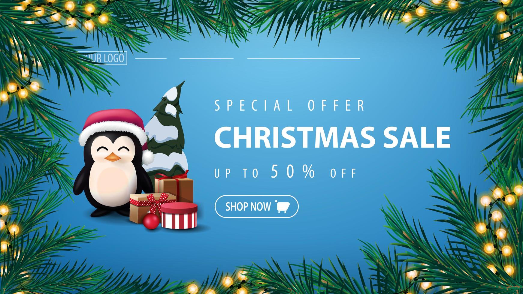 Special offer, Christmas sale, up to 50 off, blue banner with garland of pine branches with yellow garland and penguin in Santa Claus hat with presents vector