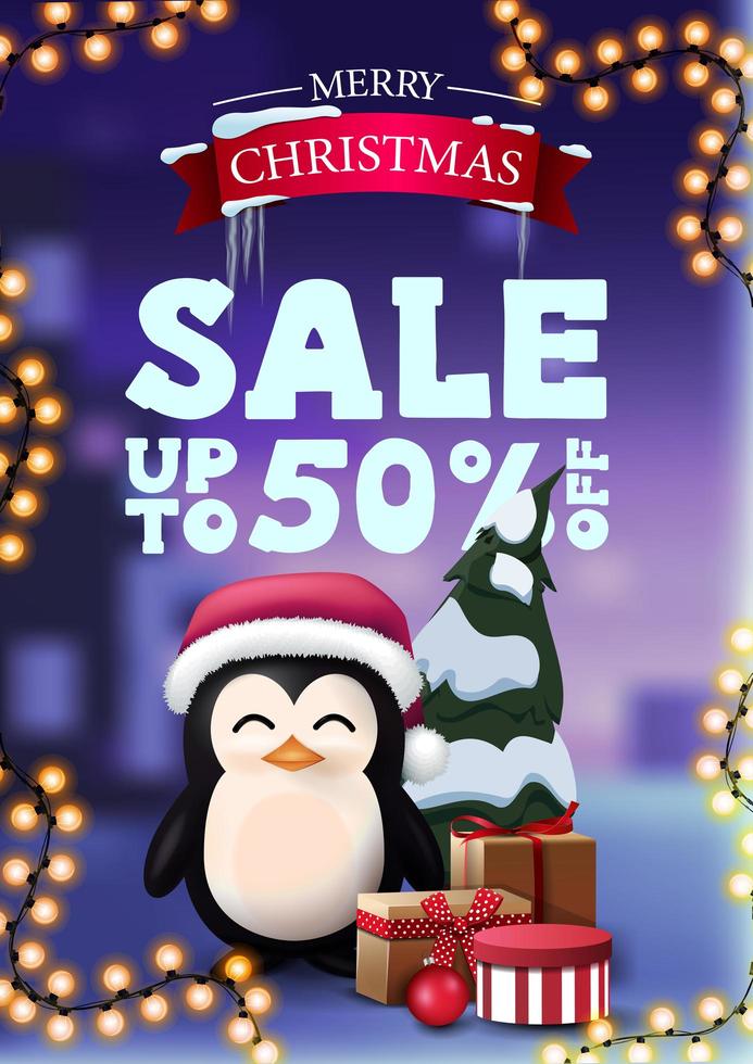 Banner de descuento de Navidad con guirnalda y pingüino con sombrero de santa claus con regalos. Banner de descuento vertical con paisaje invernal en el fondo vector